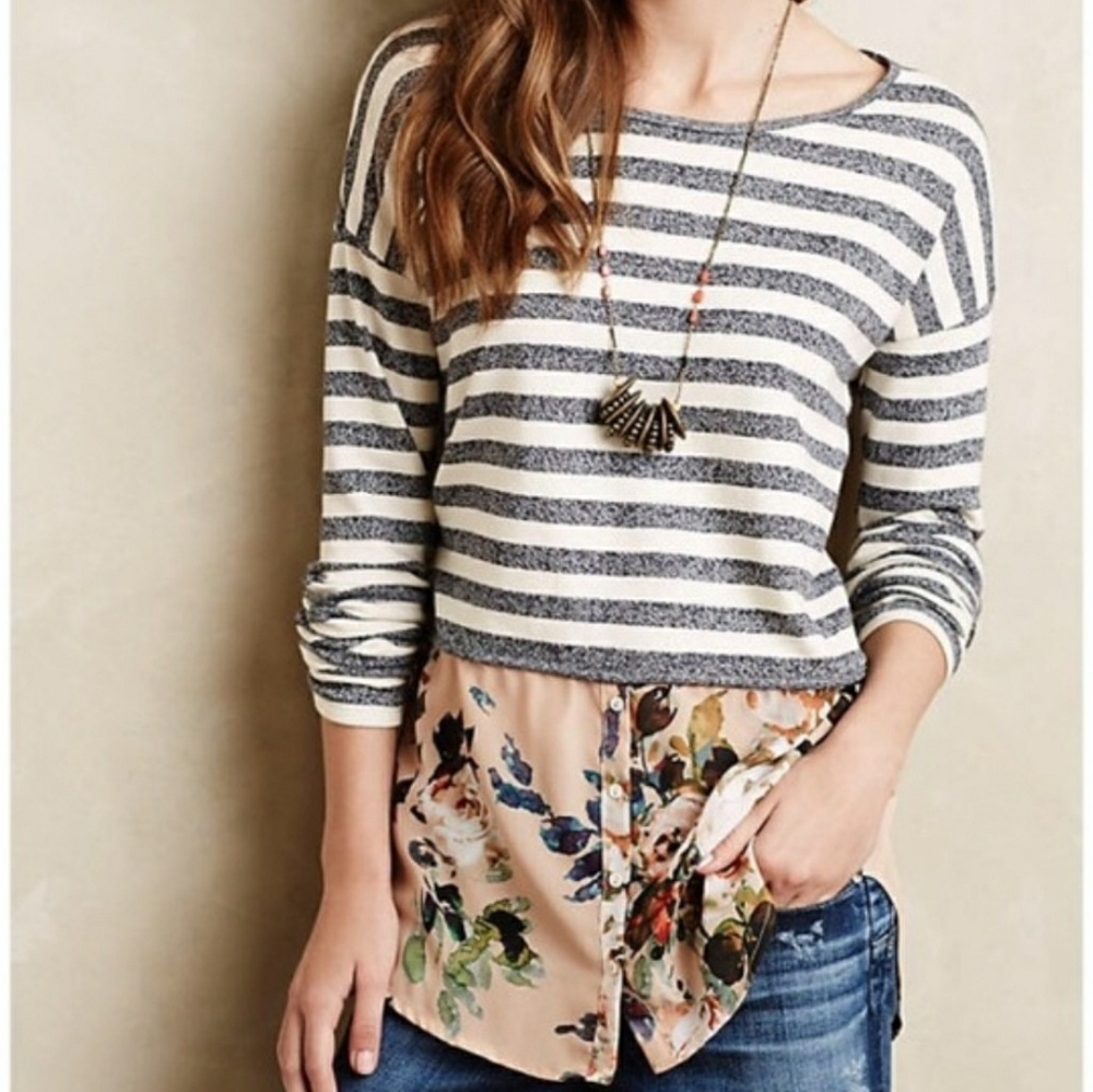 Anthropologie Navy and Cream Striped Sweater with Floral Hem